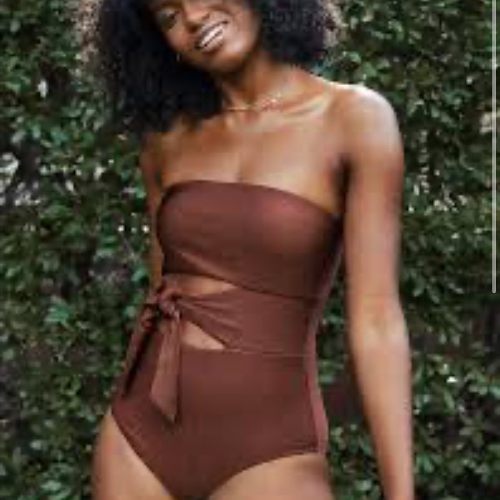 aerie Ribbed shine Tie-Front One-Piece Swimsuit in mauve / Brown